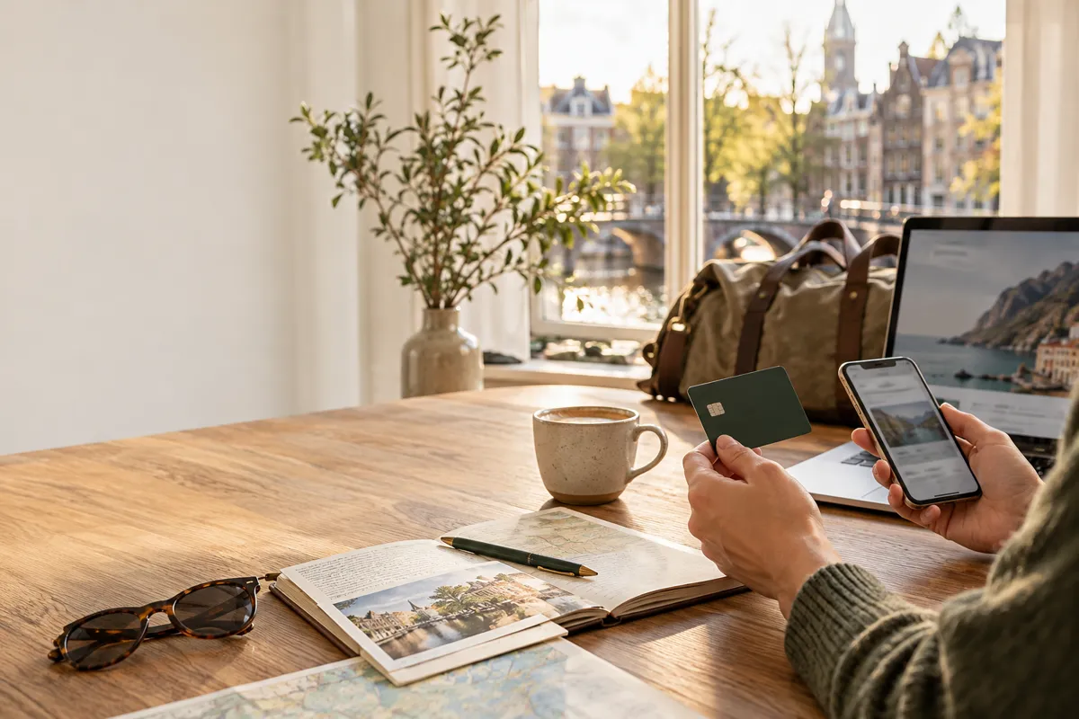Illustratieve scène van online reisplanning met telefoon en betaalkaart
